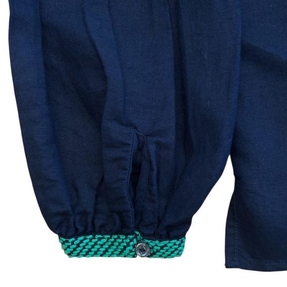 J Crew Blouse Womens 2 Navy Blue Green Embroidered Peasant Boho Top‎ Tassel Trim - Picture 10 of 11